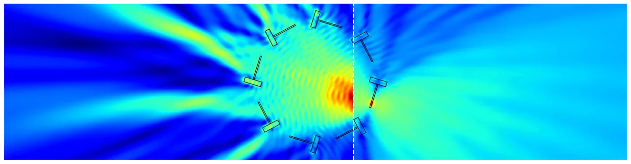 Variation of signal intensity in photonic circuit. Simulation by David Winge.